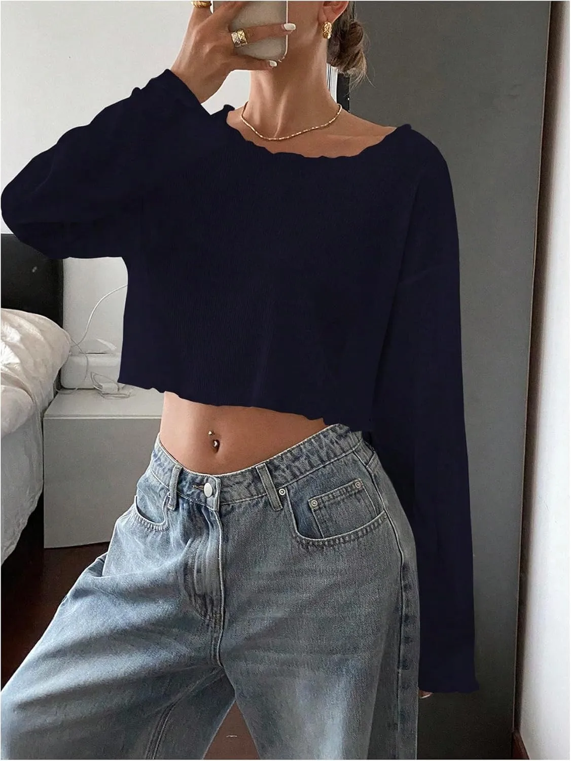 Women's Mesh Sheer Tops Drop Shoulder Lettuce Trim Crop Tops Loose Streetwear Long Sleeve Tee Shirt Going Out Tops