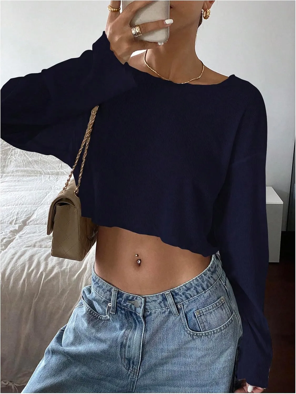Women's Mesh Sheer Tops Drop Shoulder Lettuce Trim Crop Tops Loose Streetwear Long Sleeve Tee Shirt Going Out Tops