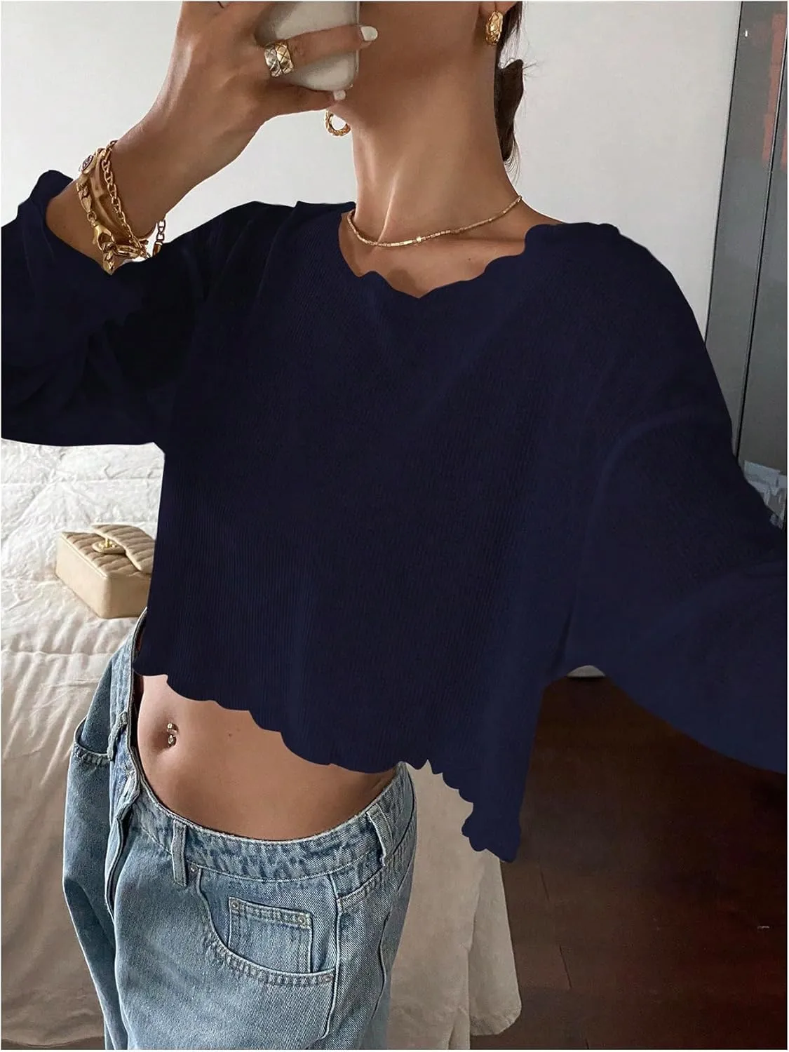 Women's Mesh Sheer Tops Drop Shoulder Lettuce Trim Crop Tops Loose Streetwear Long Sleeve Tee Shirt Going Out Tops