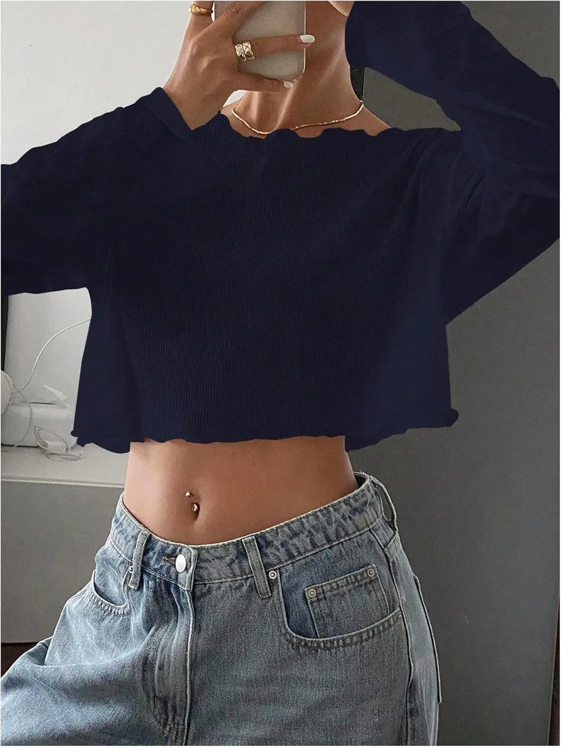 Women's Mesh Sheer Tops Drop Shoulder Lettuce Trim Crop Tops Loose Streetwear Long Sleeve Tee Shirt Going Out Tops