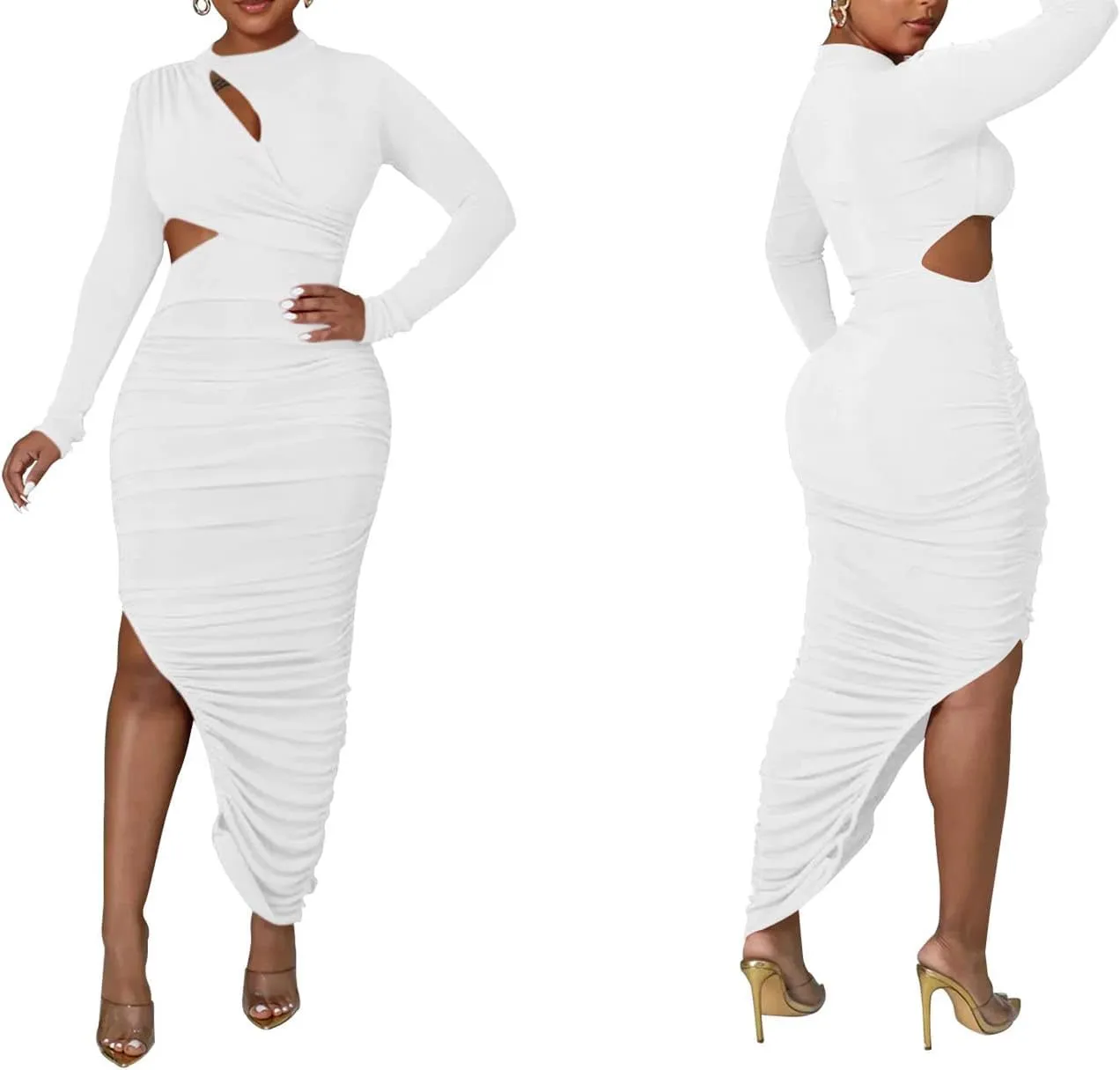 Women's Sexy Ruched Long Sleeve Bodycon Dress Cut Out Solid Color Basic Fitted Elegant Midi Dresses
