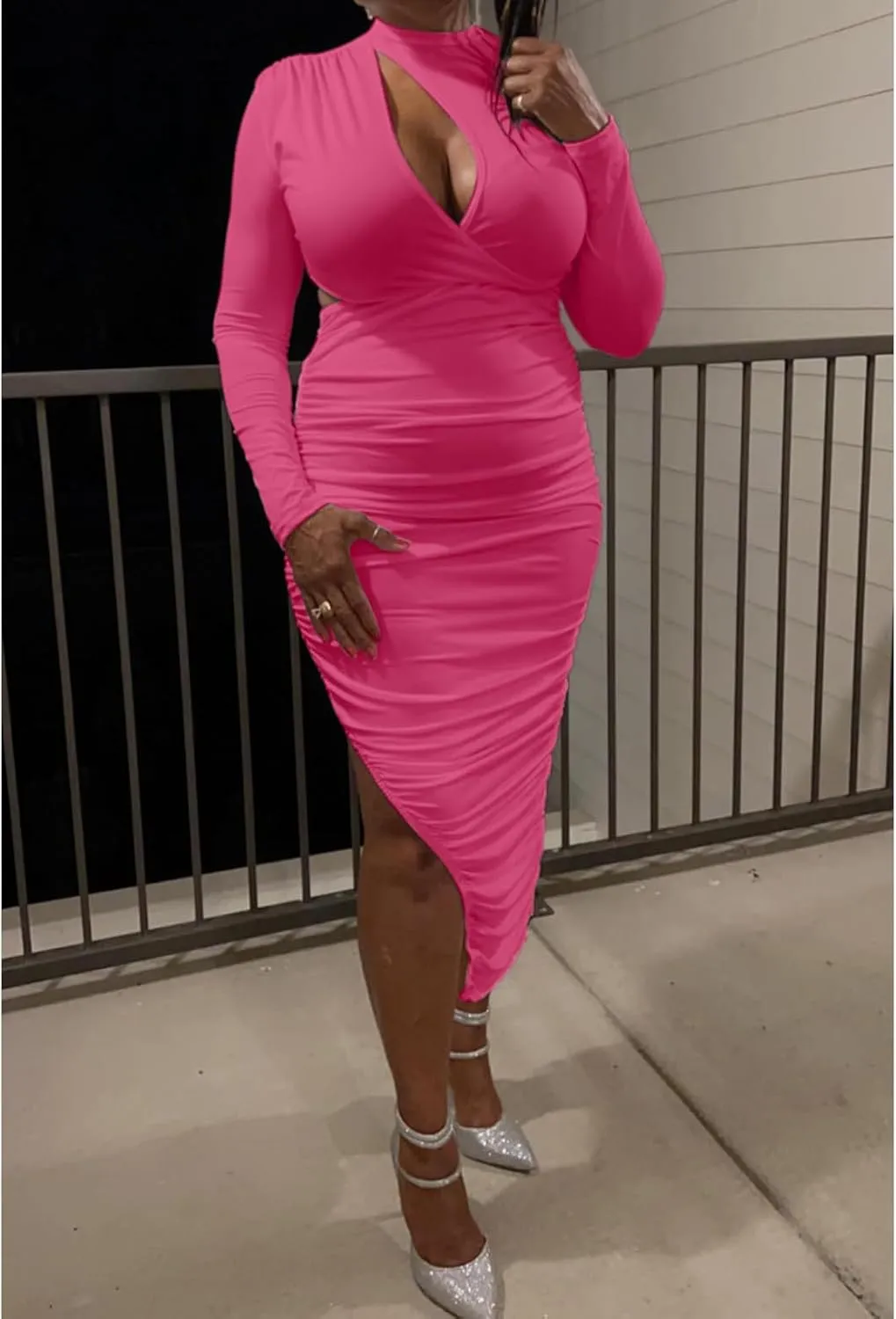 Women's Sexy Ruched Long Sleeve Bodycon Dress Cut Out Solid Color Basic Fitted Elegant Midi Dresses