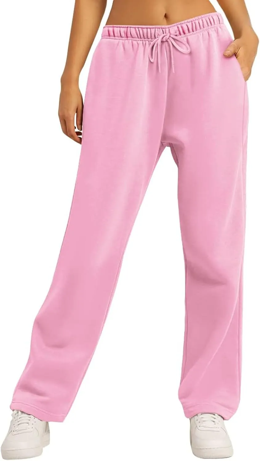 Women's Solid Color Joggers Trousers Casual High Waist Sports Fleece Pants Wide Leg Straight with Pockets Sweatpants
