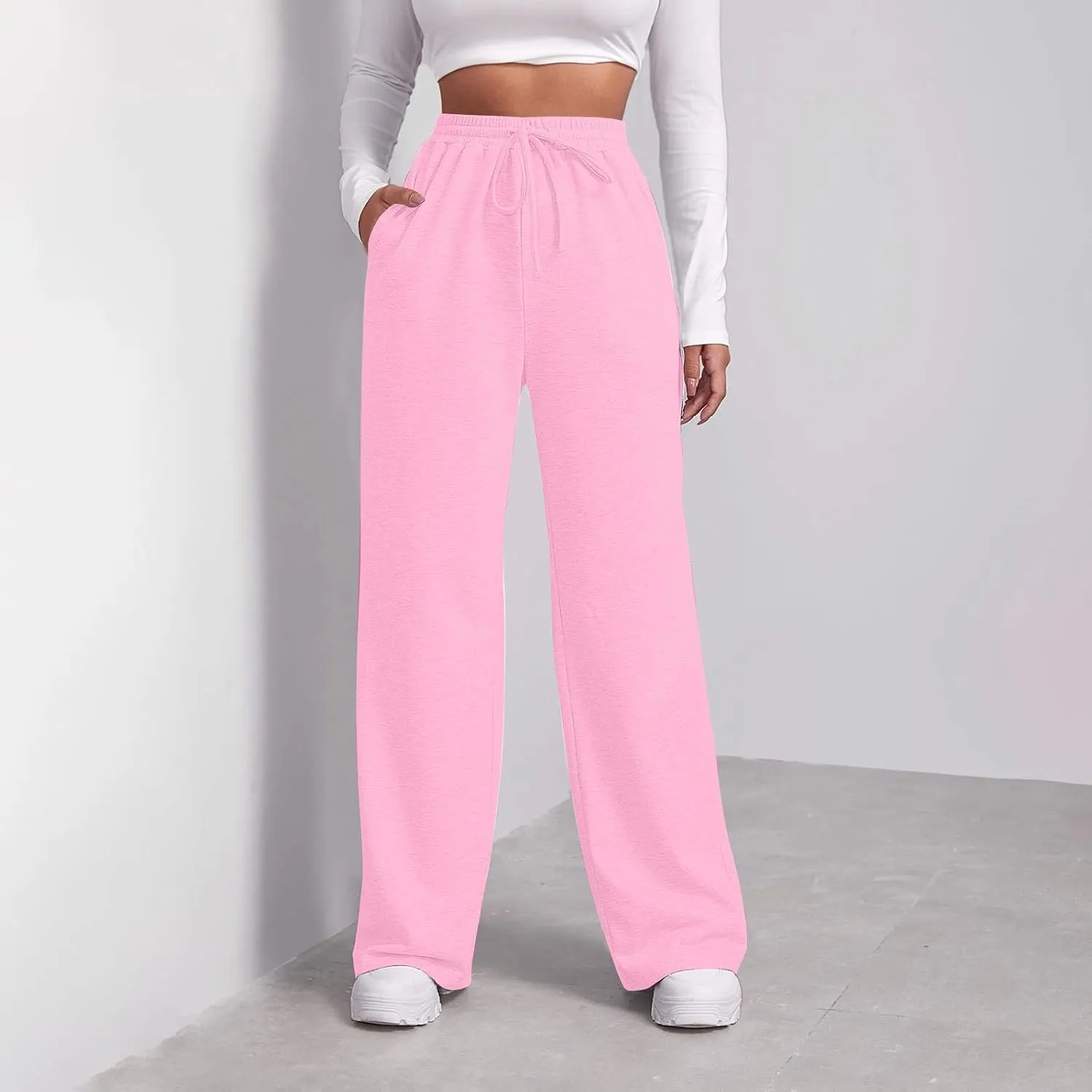 Women's Solid Color Joggers Trousers Casual High Waist Sports Fleece Pants Wide Leg Straight with Pockets Sweatpants