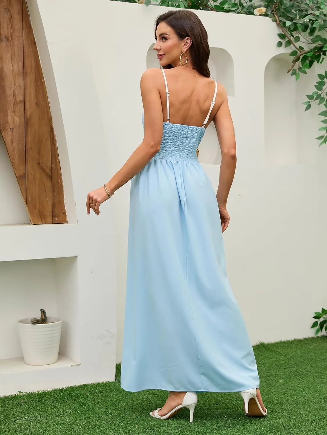 Women's Summer Sundress Solid Color Boho Beach A line Maxi Dress Adjustable Slim Straps Stretch Casual Maxi Dress