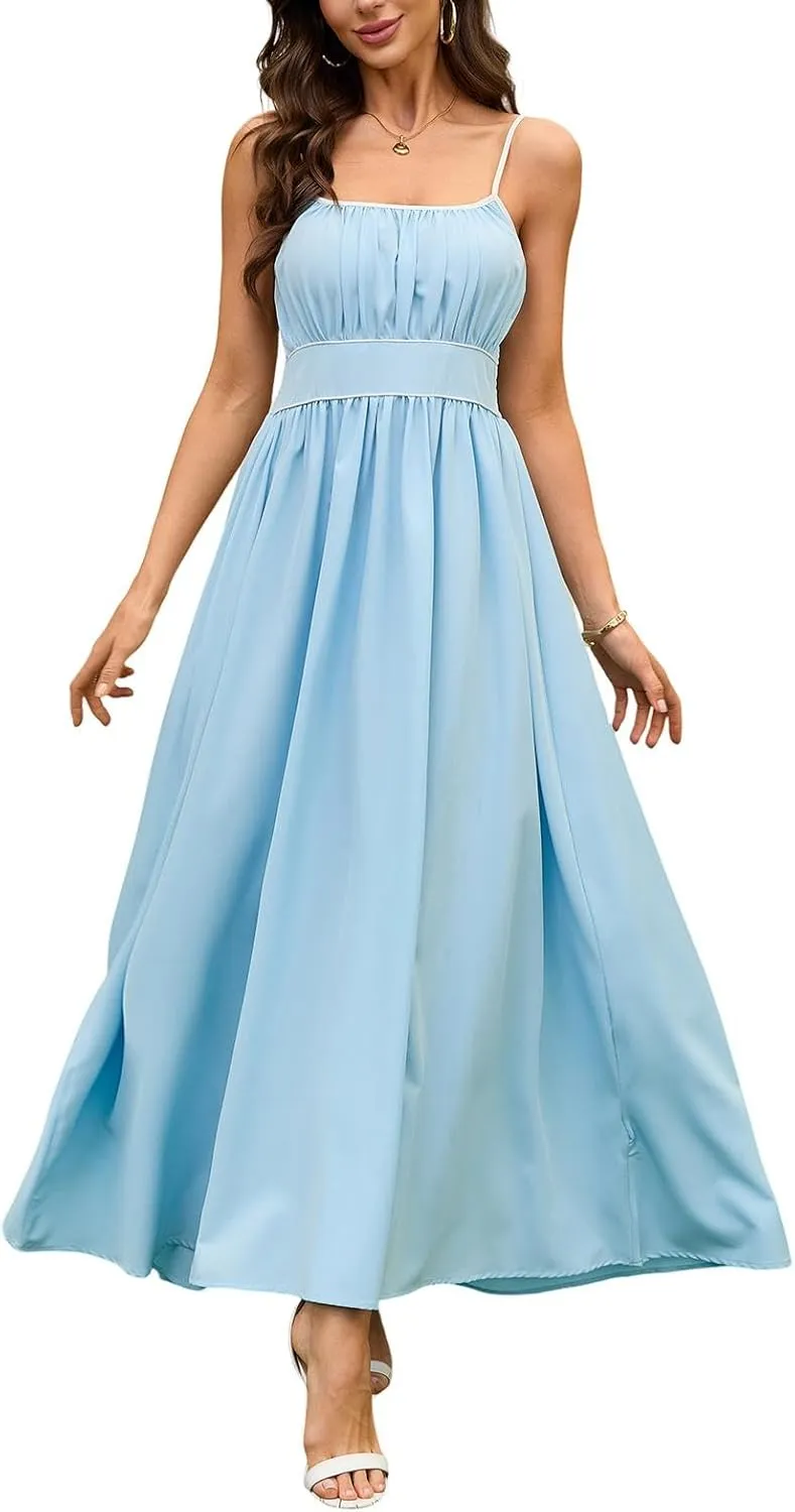 Women's Summer Sundress Solid Color Boho Beach A line Maxi Dress Adjustable Slim Straps Stretch Casual Maxi Dress