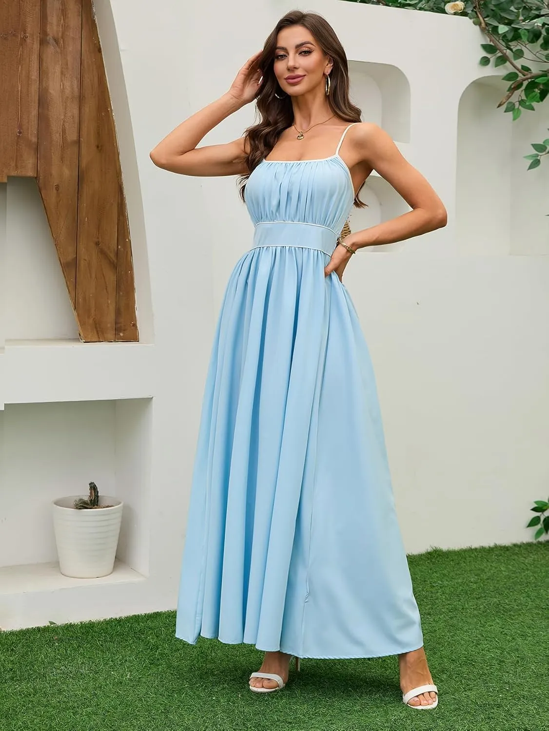 Women's Summer Sundress Solid Color Boho Beach A line Maxi Dress Adjustable Slim Straps Stretch Casual Maxi Dress