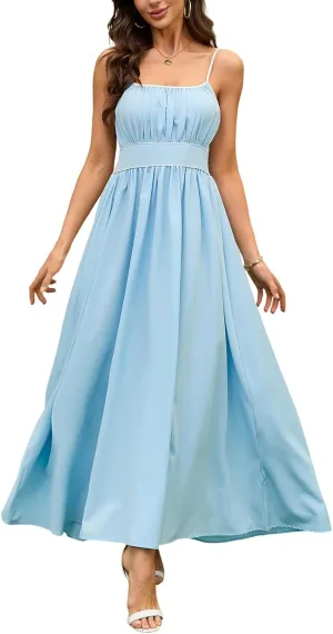 Women's Summer Sundress Solid Color Boho Beach A line Maxi Dress Adjustable Slim Straps Stretch Casual Maxi Dress