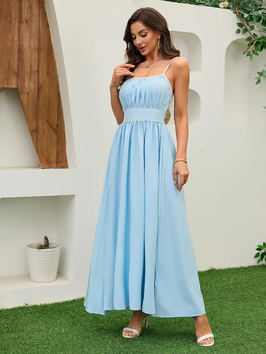 Women's Summer Sundress Solid Color Boho Beach A line Maxi Dress Adjustable Slim Straps Stretch Casual Maxi Dress